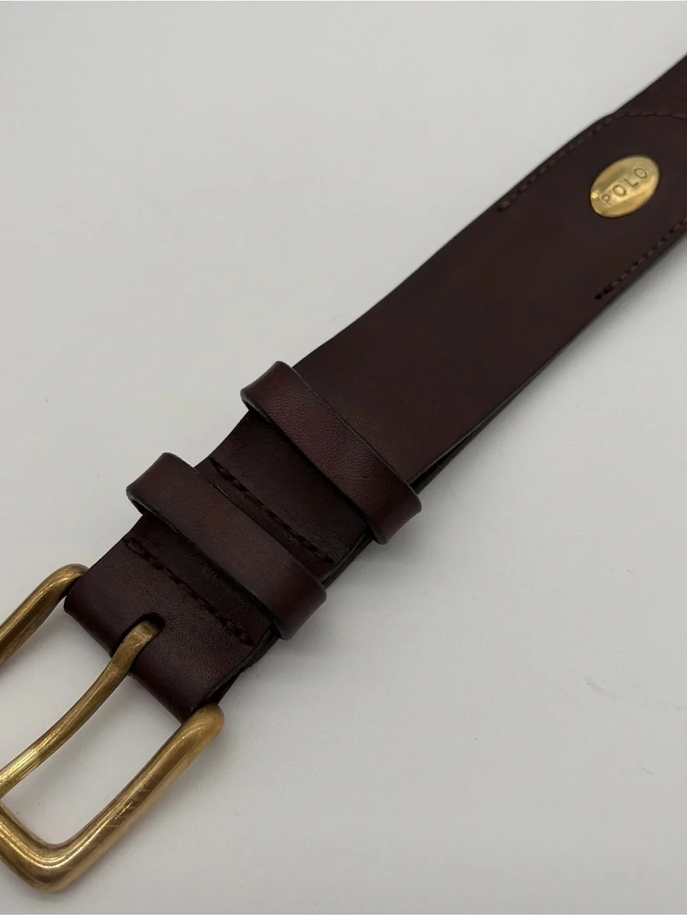 Vintage POLO RALPH LAUREN Leather Belt Mens 38 Brown Brass Buckle Oval Plaque